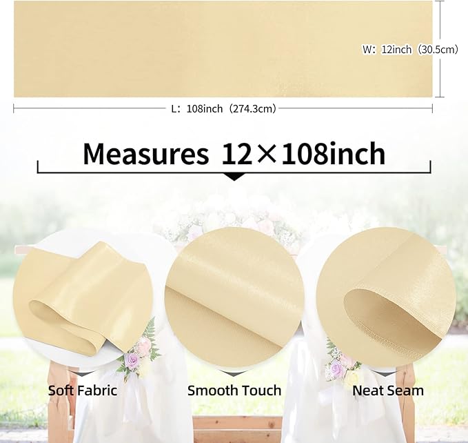 20 Pack Satin Table Runner 12 x 108 Inch Long,Satin Silk Table Runner for Wedding,Birthday Party and Banquet Decoration,Champagne