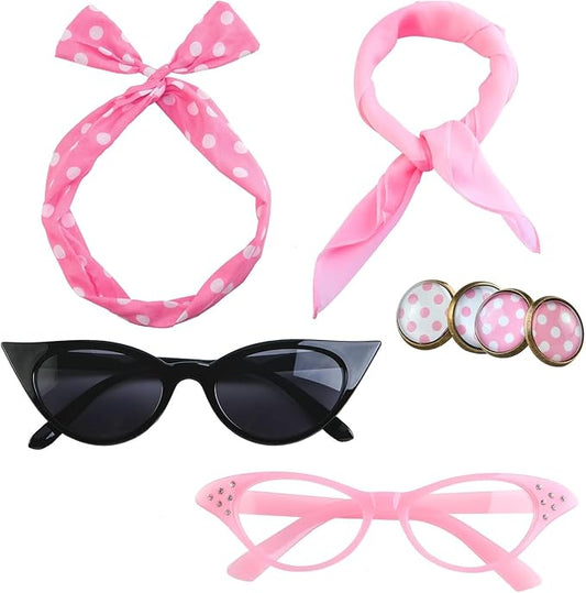 Aneco 6 Pack 50s Set Chiffon Scarf Cat Eye Glasses Bandana Tie Headband Earrings