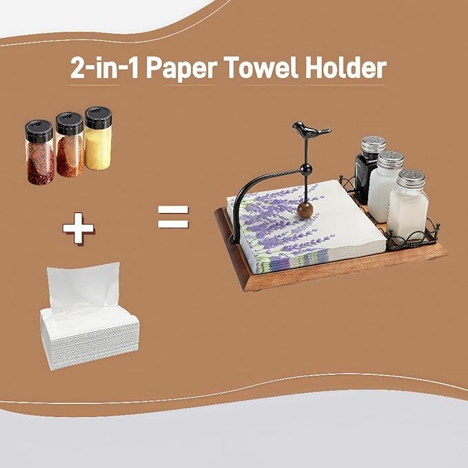 Solid Wooden Bird Napkin Holder for Table，Napkin Dispenser with Salt and Pepper Shakers, 2-in-1 Vintage Flat Paper Towel Holder for Bar, Kitchen & Dinning Room not Included Shakers