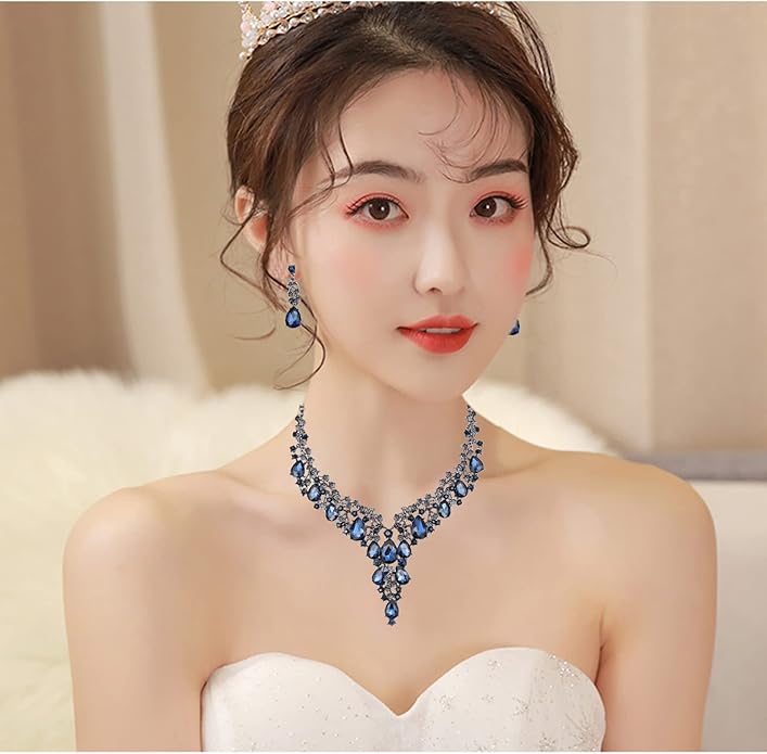 CSY Elegant Crystal Costume Jewelry Sets Flower Bridal Necklace Earrings Stretch Bangle Set for Bride Bridesmaid Wedding Dress Accessories