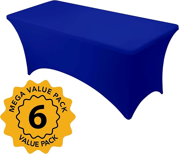 6-Pack Premium Royal Blue Spandex Tablecloths for 6ft Rectangle Tables, Stain & Wrinkle-Resistant, Washable Stretch Polyester Fitted Table Cover for Weddings, Banquets, Events, Parties