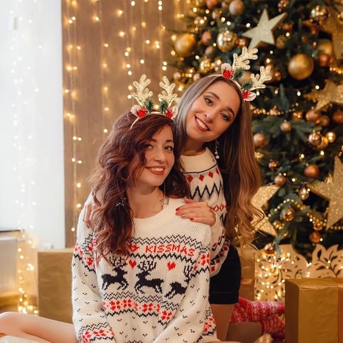 TODDER Gold Christmas Headband, Reindeer Antlers Ears Headband for Adults and Kids, Christmas Hair Accessories Deer Antlers Costumes for Themed Parties and Cosplay