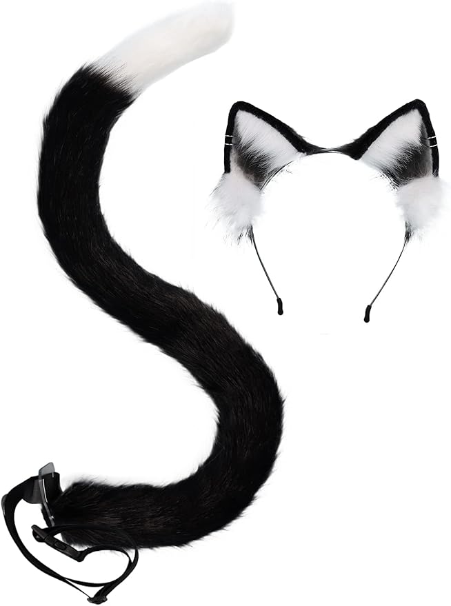 QinRuan Animal Cosplay Costume Accessories Furry Faux Fur Cat Ears Headband and Fox Tail Set Halloween Accessory