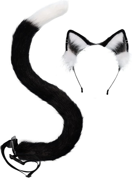 QinRuan Animal Cosplay Costume Accessories Furry Faux Fur Cat Ears Headband and Fox Tail Set Halloween Accessory