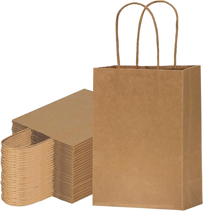 FACEBAG 100-Pack 5.25x3.25x8 Inches Small Gift Bags with Handles, Kraft Brown Paper Bags with handls bulk for Party Favors，Birthday shopping & Retail，Reusable & Durable