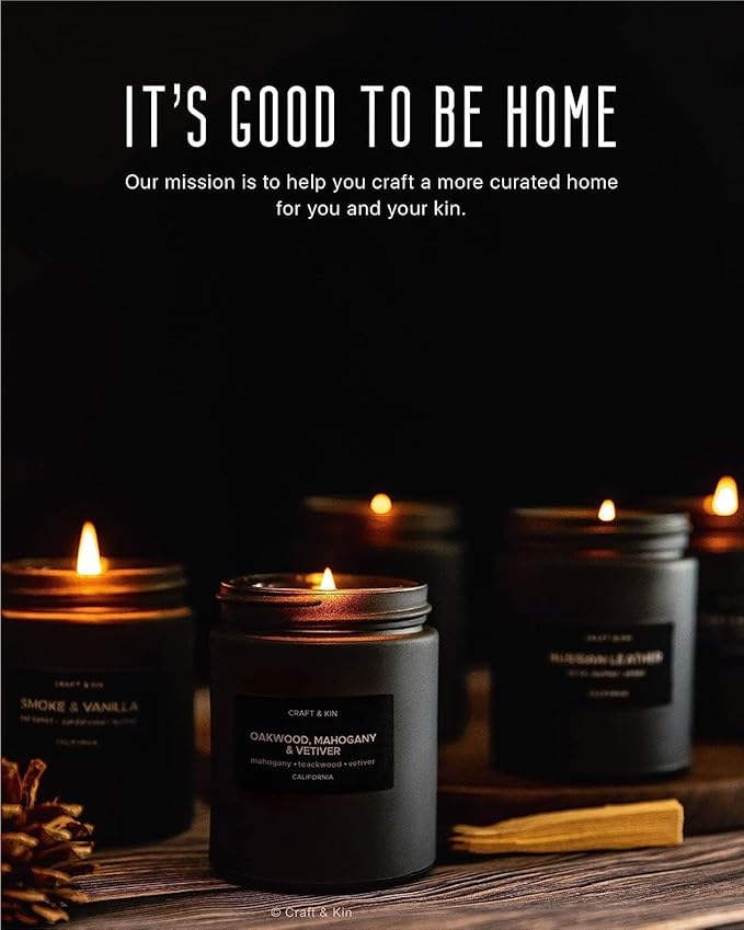 Craft & Kin Premium Oakwood, Mahogany & Vetiver Candle | Black Christmas Scented Candles for Men | Long Lasting with 45 Hour Burn Time, 7.6oz | Soy Holiday Candles | Aromatherapy at Home
