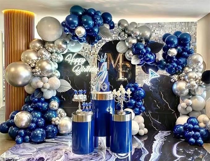 140 Pack Silver Navy Gray Macaron Blue Balloons Garland Arch Kit for Graduation Birthday Party Baby Shower Party Decoration