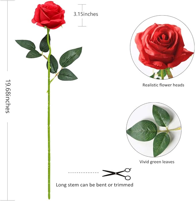 Tifuly 8 Pcs Red Roses Artificial Flowers Bulk,Realistic Long Stem Fake Silk Roses Bouquet for Wedding Centerpiece Table Vases Party Home Kitchen Decor