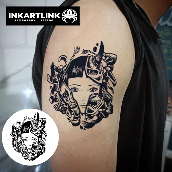 INKARTLINK Tattoo Tech, 2 Sheets Large Semi Permanent Tattoo, Adult Art Design Temporary Tattoos, Lasts 1-2 Weeks, Waterproof, Realistic Look, No Adhesive, No Reflection (Devil Split Design)
