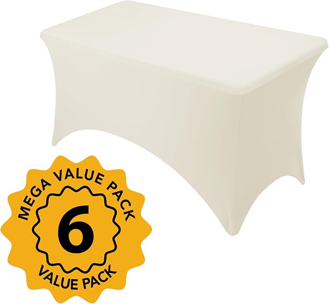 6-Pack Premium Cream Spandex Tablecloths for 4ft Rectangle Tables, Stain & Wrinkle-Resistant, Washable Stretch Polyester Fitted Table Cover for Weddings, Banquets, Trade Shows Events