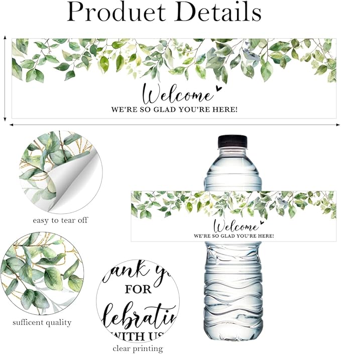 100PCS Wedding Water Bottle Labels Waterproof Greenery Floral Wraps Sticker for Water Bottle Baby Shower Bottle Label for Bridal Shower Party Welcome A02