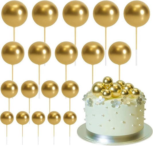 ASTARON 20 Pcs Ball Cake Topper Decorations Mini Balloons Cake Topper Sticks Gold Cake Picks Cake Balls for Graduation Wedding Birthday Cake Decorations