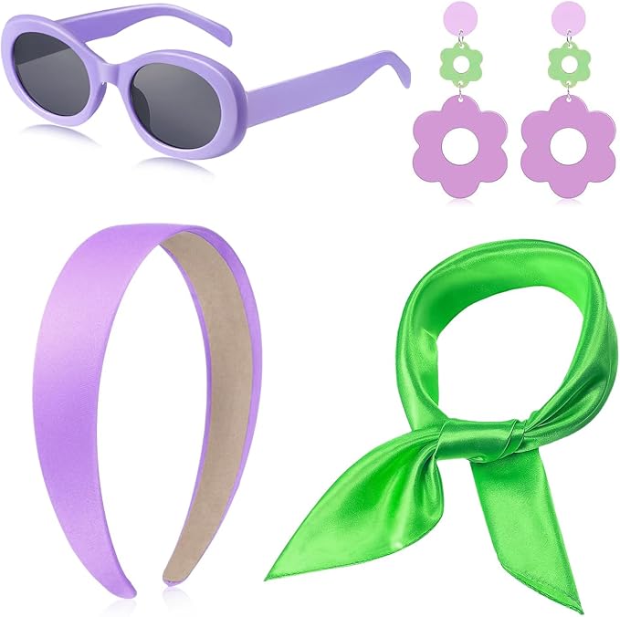 4 Pcs 70s 60s Accessories Women Hippie Disco Groovy Costume Accessories Headband Dangle Earrings Sunglasses Silk Scarf