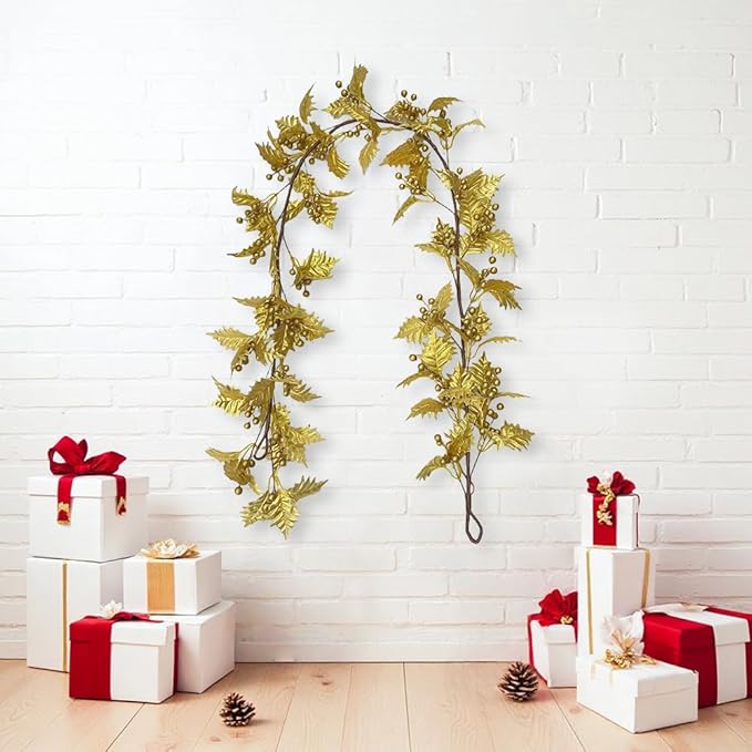72inch Christams Garland for Front Door,Artificial Golden Leaves Paired with Golden Berries for Window, Wall, Porch, and Other Indoor and Out Door Home Decorations
