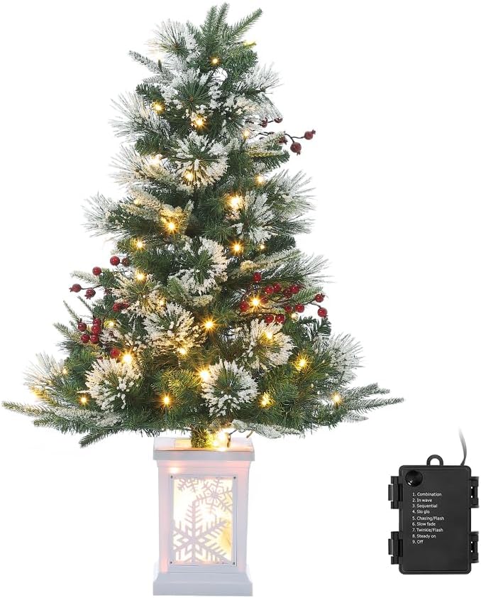 3 ft Prelit Premium Snow Flocked Artificial Christmas Tree with 8 Mode Warm White Led, Mini Prelit Xmas Pine Tree for Christmas Decoration,Yard,Home,Office,Outdoor,Indoor