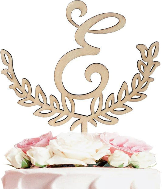 LINGTEER Personalized Inital Letter E Wooden Cake Topper Perfect for Birthday Rustic Wedding Anniversary Party Keepsake Decoration