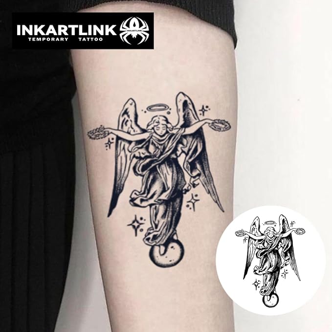 INKARTLINK Tattoo Tech, 2 Sheets Large Semi Permanent Tattoo, Adult Art Design Temporary Tattoos, Lasts 1-2 Weeks, Waterproof, Realistic Look, No Adhesive, No Reflection (Redemption Goddess Design)