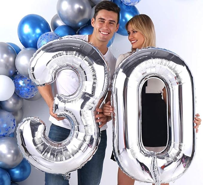 Silver 30 Number Balloons Big Giant Jumbo Large Number 30 Foil Mylar Balloons for Women Men 30th Birthday Party Supplies 30 Anniversary Events Decorations-40 inch
