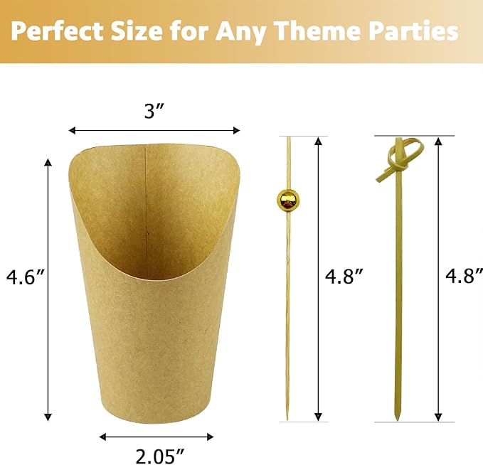 CAMKYDE 50 Charcuterie Cups + 200 Cocktail Picks + 56 Labels, 12 oz Disposable Charcuterie Cups with Sticks (2 Types), French Fry Cup Brown Paper Appetizer Cup for all Occasions