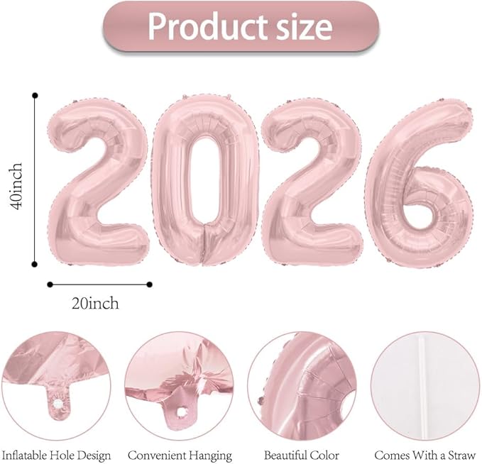 2026 Balloons Number Balloons 2026 Balloon Numbers, 40 Inch Foil Number Balloon for New Year Eve Festival Christmas Birthday Wedding Anniversary Party Supplies, New Years Decorations Rose Gold