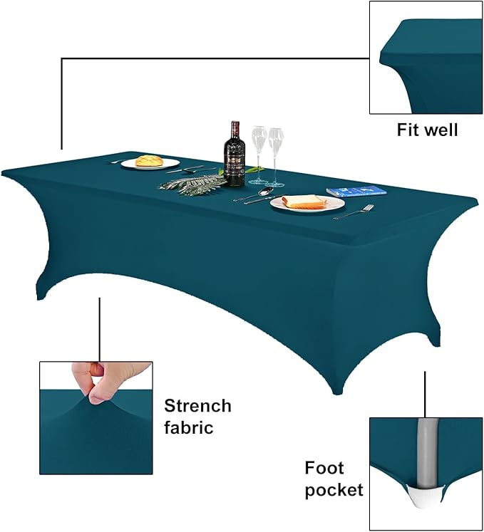 FORLIFE Spandex Table Covers，Fitted Tablecloth for Rectangular Tables, Stretch Patio Table Covers, Universal Spandex Table Cover for Wedding, Banquet, Party (8ft,Peacock)