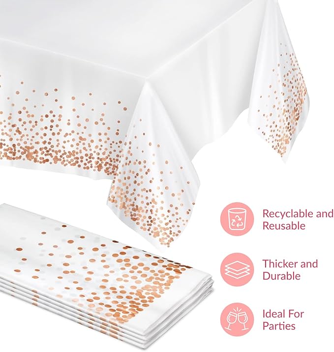 Prestee Rose Gold Plastic Table Cloth Disposable, 4 Pack - 54x108 Inch Rectangle Tablecloths for Wedding and Party - Heavy-Duty, Waterproof Table Covers - Pink and Gold, for Birthday or Fine Dining