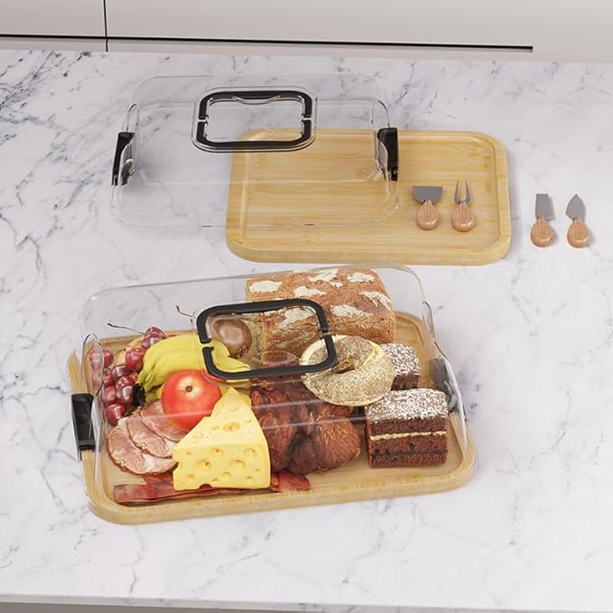 2-Pack Charcuterie Board with Lid 4" Heightened Lid - 14.2" & 13.4" Bamboo Trays Entertaining - Housewarming Warming Gifts New Home, Gifts for Women - Large Food Platter