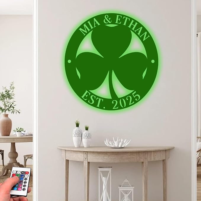 Custom St. Patrick's Day Shamrock Metal Sign – Personalized Lucky Irish Door Wreath, LED Wall Art, Festive Ornament for St. Patrick's Day Party, Front Door, Home, and Wall Decorations Gifts for Lover