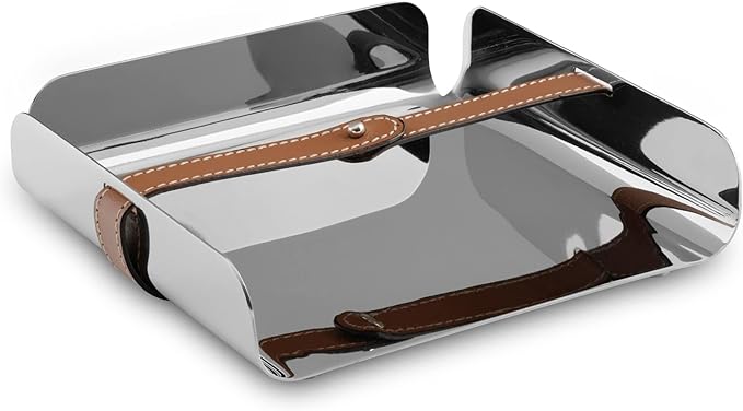 Nambe - Tahoe Collection Stainless Steel Napkin Holder with Raised Edges and Leather Clasp 7" x 2" - Leather Accent is Removable