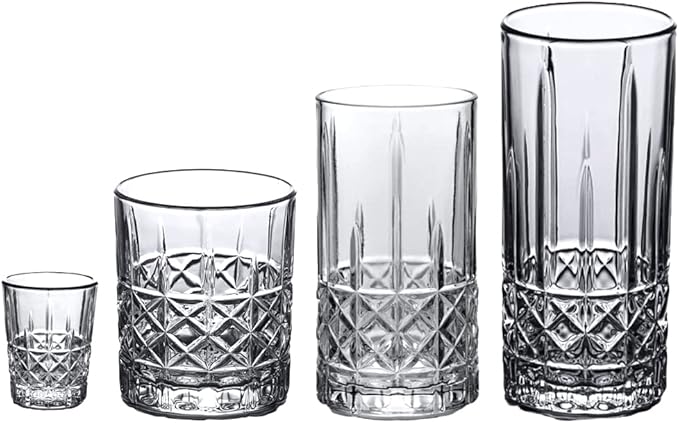 AMZ Empire 13 Oz Drinking glasses Set of 4 - Strong Glass Beautiful And Elegant Evora Highball Glasses - Cocktail Glasses, Tumbler Cup, Cold Beverage Glasses with Coasters