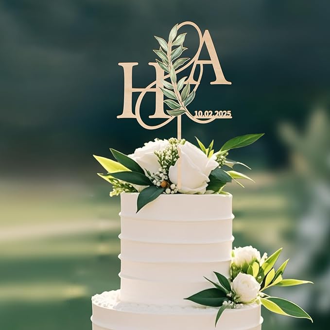 Customized Wedding Cake Topper Personalized Bride & Groom's Initials and Wedding Date Cake Decoration with Green Leaves