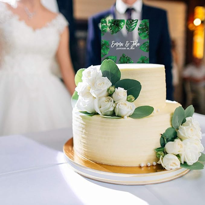 Andaz Press Tropical Greenery Monstera Leaves Names Date Custom Wedding Cake Topper, Acrylic Square Personalized Couple Cake Topper