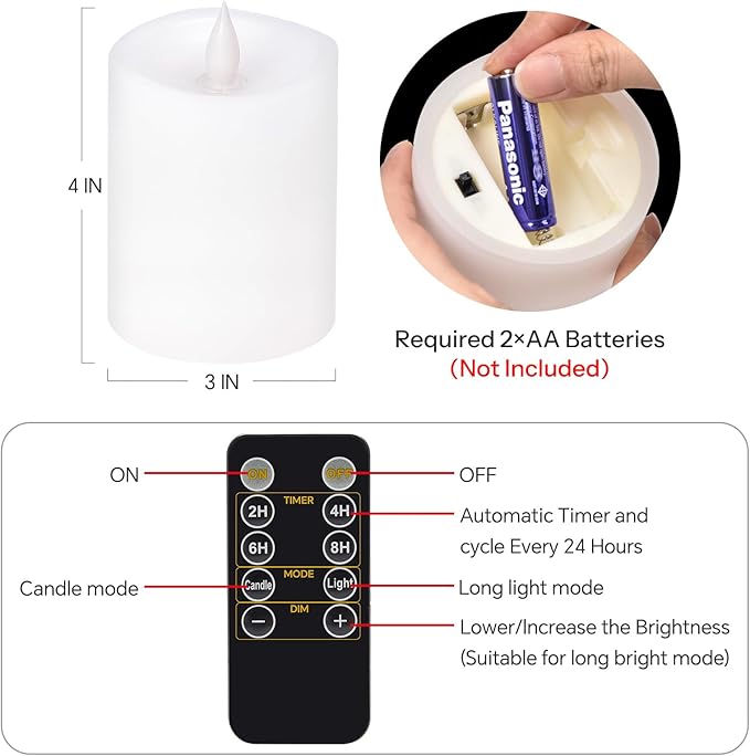 3x4 Flickering Flameless Candles Set of 1,Real Wax Pillar LED Battery Candles,with Timer,4 inch Flameless Candles with Remote,for Holiday Home Decor,White