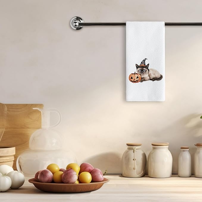 TNUW Halloween Witchy Siamese Cat Pumpkin Kitchen Towels 16x24 Inch, Siamese Cat Gifts Dish Tea Towels for Kitchen, Halloween Witch Kitten Spooky Pumpkin Decorative Hand Towel for Bathroom Decor