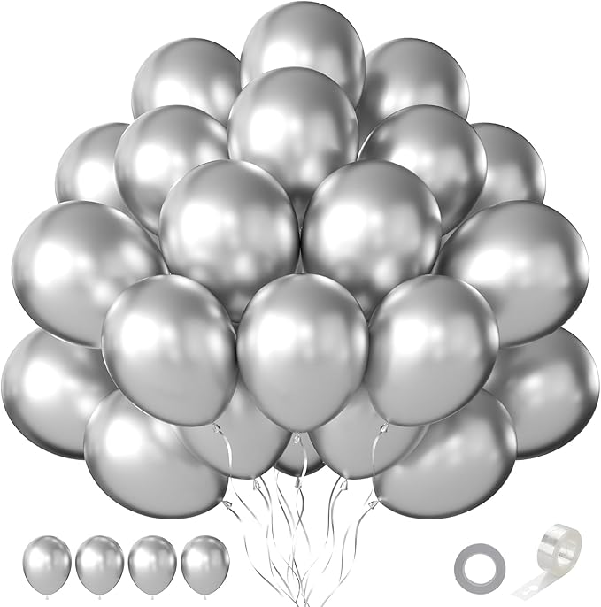 Silver Balloons, 60 PCS Metallic Silver Balloons 12 inch Latex Balloon for Birthday Party Decoration, Wedding, Baby Shower, Anniversary, Graduation, Retirement and Balloon Garland