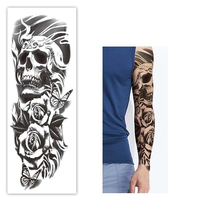 Skull Sleeve Tattoos Fake Totem Full Arm Tattoos Halloween Full Sleeve Tattoo Stickers for Women Men, 10-Sheet