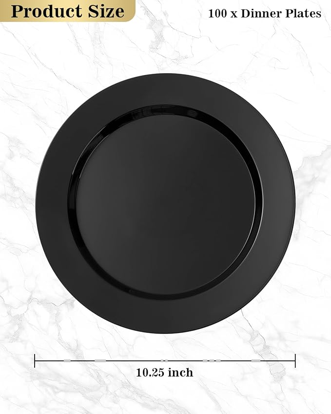 BESTVIP 100PCS Black Plastic Plates, 10.25 Inch Disposable Dinner Plate Party, Heavy Duty Disposable Plastic Plates - Ideal for Halloween Parties, Wedding and Birthday, Everyday Use, Lunch & Dinner