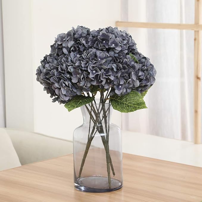 Kimura's Cabin 2Bouquets Fake Flowers Vintage Artificial Silk Hydrangea Flowers Bouquets 10Heads for Indoor Home Table Centerpieces Wedding Halloween Party Decoration (Dusty Black Blue, Pack of 2)
