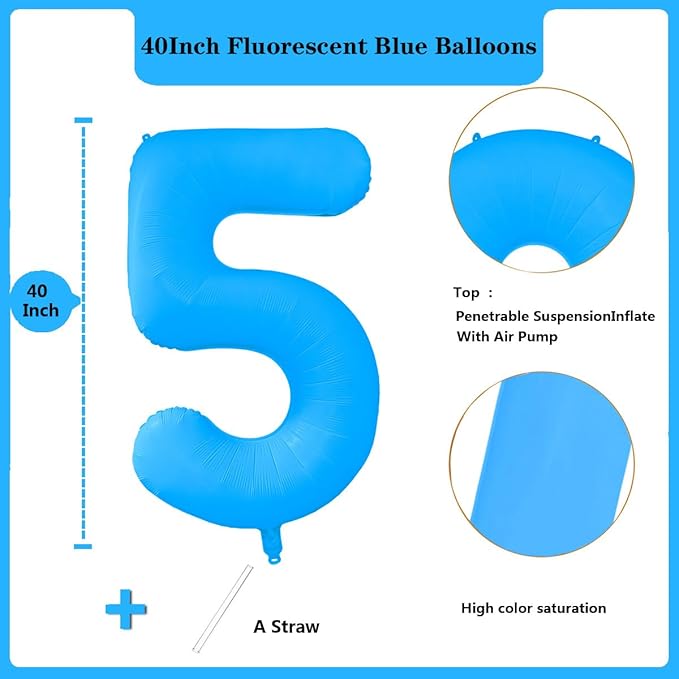 Fluorescent Blue Number Balloon 40 inch Giant Foil Helium Balloons Blue Number 5 Balloon for 5th Birthday Party Decorations