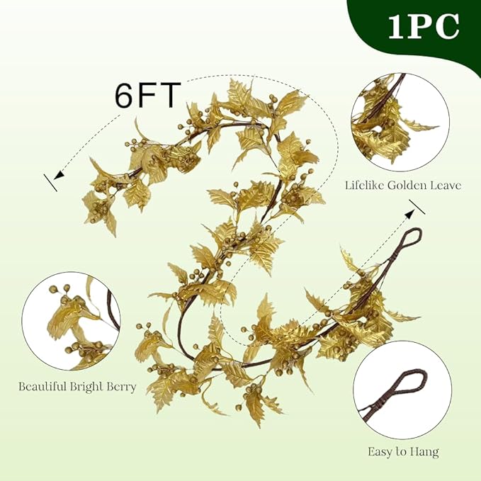 72inch Christams Garland for Front Door,Artificial Golden Leaves Paired with Golden Berries for Window, Wall, Porch, and Other Indoor and Out Door Home Decorations