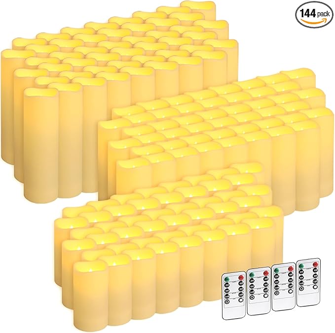 144-Pack LED Flameless Candles with Remote Control - Battery Operated, Timer, Dimmable, 3D Flame Flickering , Perfect for Halloween Christmas Parties,Wedding,Home Decor ,Gift and Special Occasions.