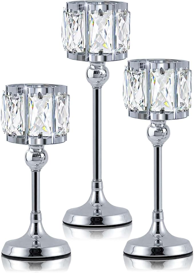 Set of 3 Cup Crystal Tealight Candle Holders, Centerpieces for Table Wedding Centerpieces Crystal Decorative Tealight Candle Dining Table Candle Holder Decor for Party (8.7"+10.6"+12.2", Silver)