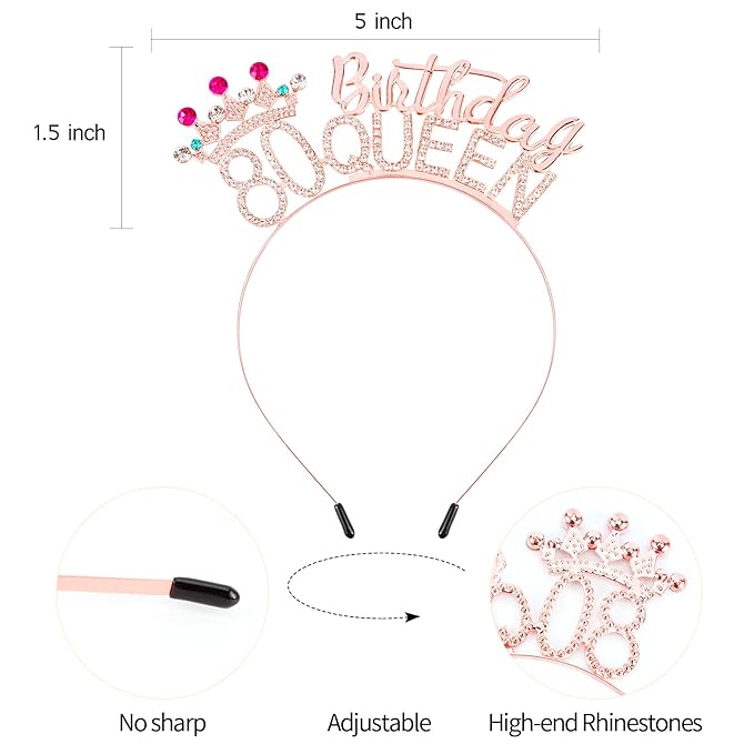 VELSCRUN 80th Birthday Queen Headband, Tiara Crown for Women, 80th Birthday Decorations for Her, Birth Queen Tiaras Crowns Sash for Women Mom Birth Party Decoration Hair Accessories Rose Gold