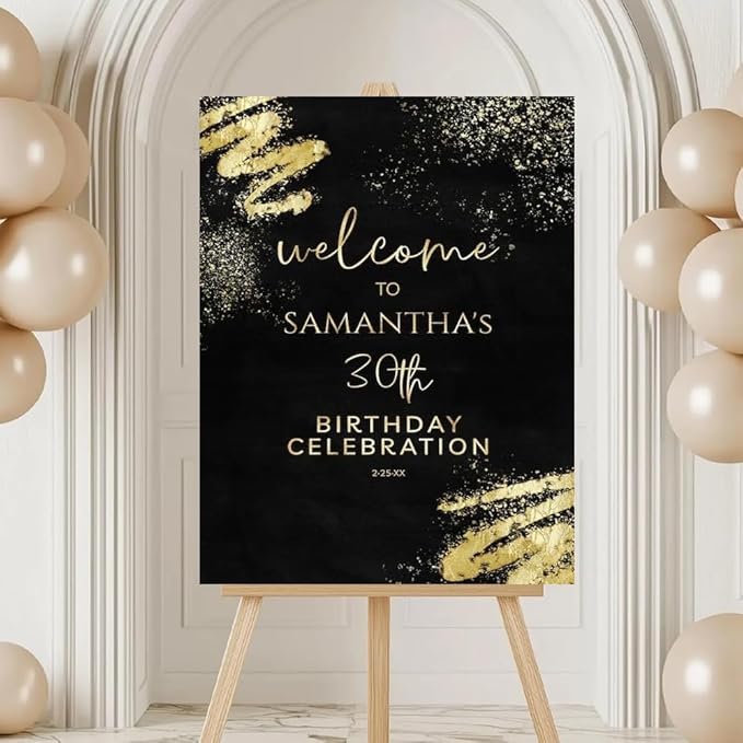 Birthday Welcome Sign Birthday Welcome Poster Black and Gold Glitter Sparkle, customized birthday yard signs, birthday decorations, birthday Sign