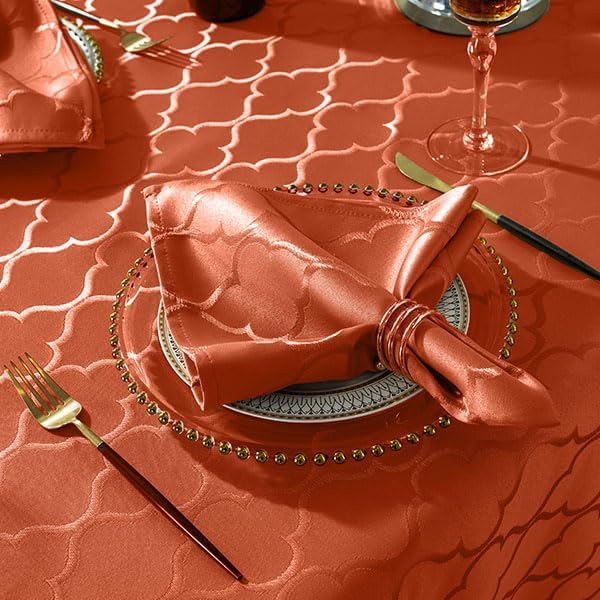SASTYBALE Rust Jacquard Damask Tablecloth - 52x52 Inch Square (Fits 2-4 Seats) - Fall Thanksgiving Decor - Water Resistant, Wrinkle-Free Polyester Fabric, Rustic Harvest Dining Cover for Parties