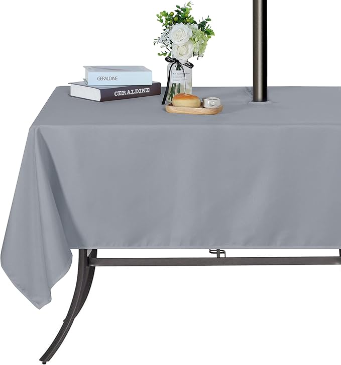 SARAFLORA Outdoor and Indoor Tablecloth -60x84 inch Silver, Wrinkle Free Washable Waterproof Table Cloth with Umbrella Hole and Zipper Rectangle Table Cover for Spring/Summer/Patio/Picnic/BBQS/Party