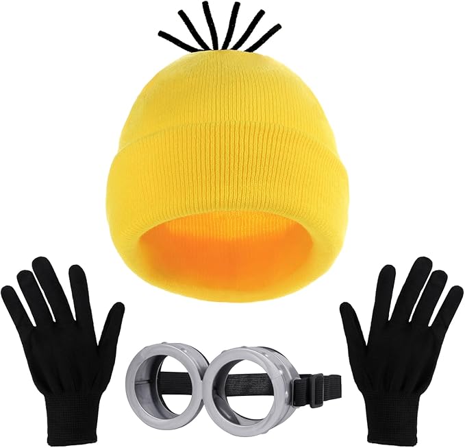 3Pcs Halloween Yellow Costumes Accessories, Steampunk Goggles Glasses/Black Gloves/Yellow Beanie Hat for Adults Men Women Cosplay Party Christmas Birthday Set
