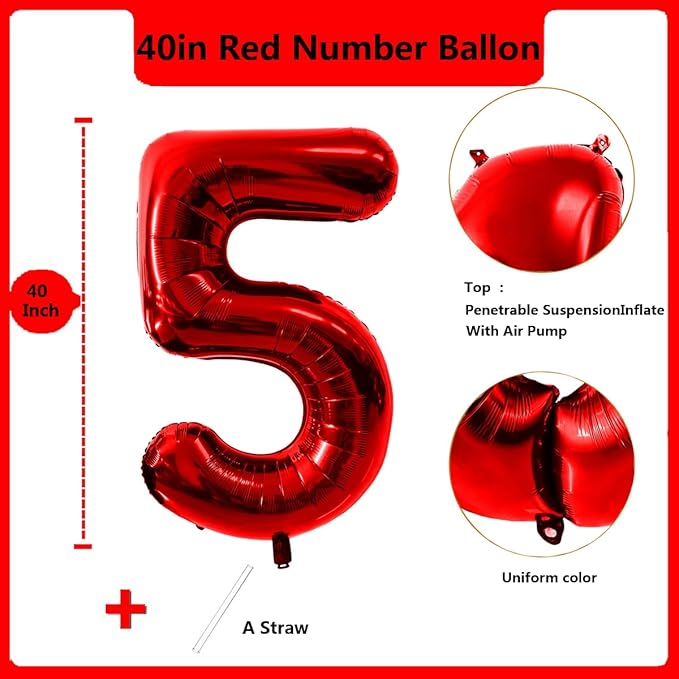 40 Inch Red Number 5 Balloon Large Red Foil Balloon Red 5 Balloons Mylar Helium Balloon for 5th Birthday Party Decorations Girls Boys Baby Shower Wedding Anniversary Decoration