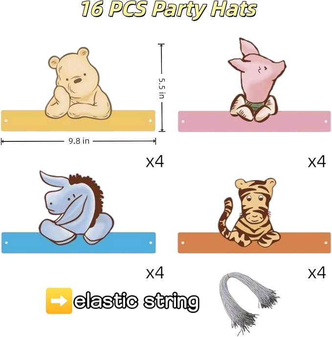 16PCS Winnie Party Hats For Kids Birthday Paper Crown Headband Cute Hats Bulk For Pooh Baby Shower Decorations Newborn Party Supplies Favors