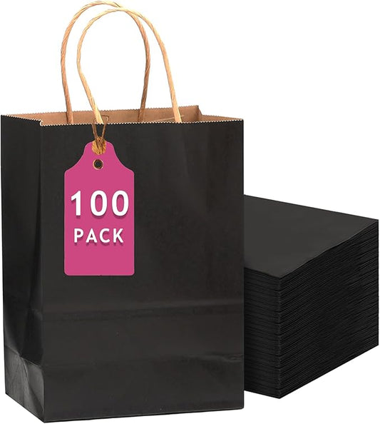 qiqee 100-Packs Black Paper Gift Bags with Handles Bulk 13"×10"×5" Large Size Gift Bags Multiple Uses